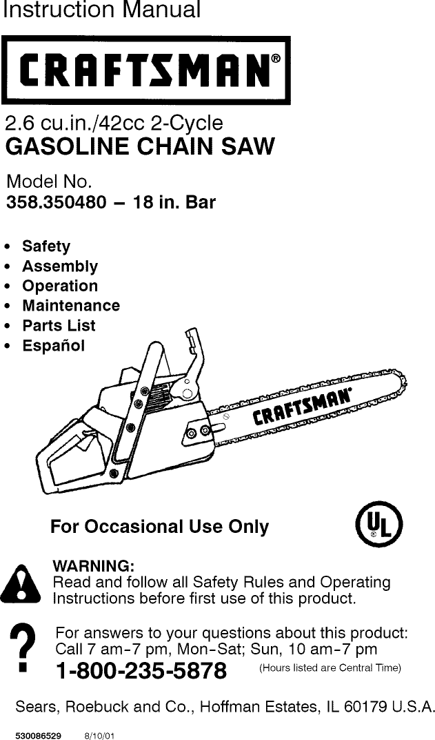 craftsman 18 42cc chainsaw parts manual